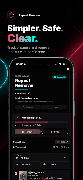 RepostsRemover Google Play screenshot showing progress during repost cleanup