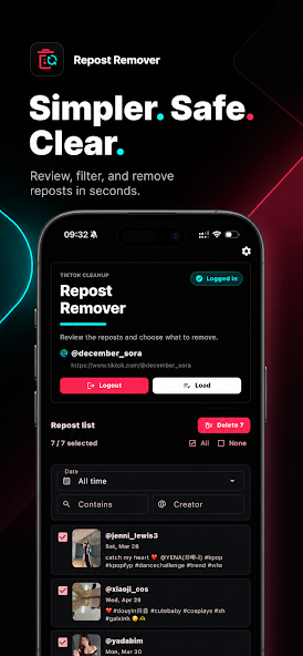 RepostsRemover Google Play screenshot showing repost preview and selection